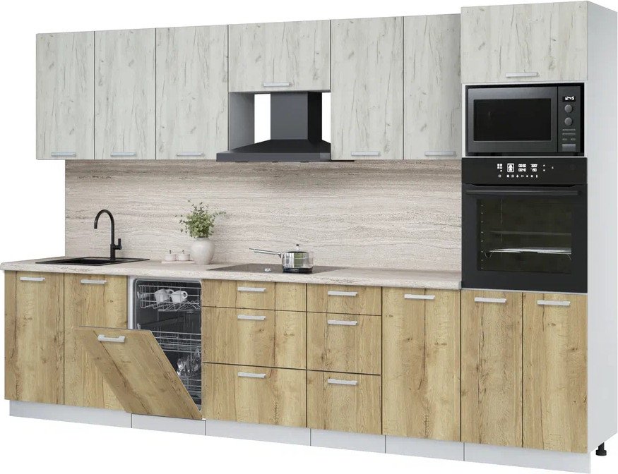 

Готовая кухня Интерлиния Мила Лайт 3.25-ПМ3 (дуб белый/дуб золотой/травертин серый)