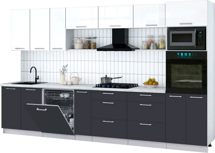 

Готовая кухня Интерлиния Мила Gloss 3.5-ПМ1-2 (пепел/белый глянец/серый каспий)