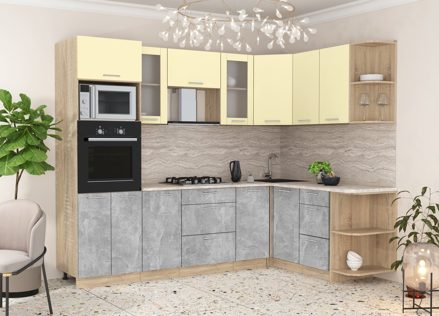

Готовая кухня Интерлиния Мила 1.68x2.6 правая (ваниль/бетон/травертин)