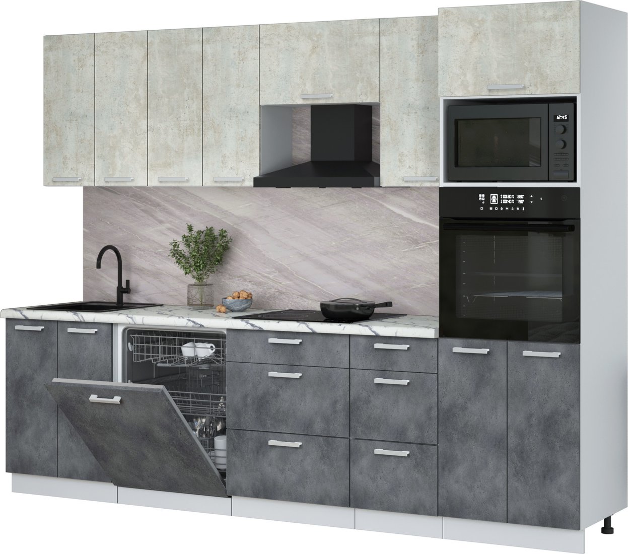 

Готовая кухня Интерлиния Мила Лайт 2.8-ПМ1 (бетон лайт/бетон портленд/белый гранит)