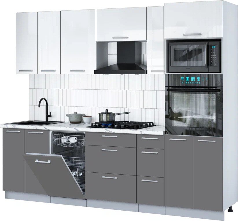 

Готовая кухня Интерлиния Мила Gloss 2.55-ПМ3 (серый/белый глянец/белый гранит)