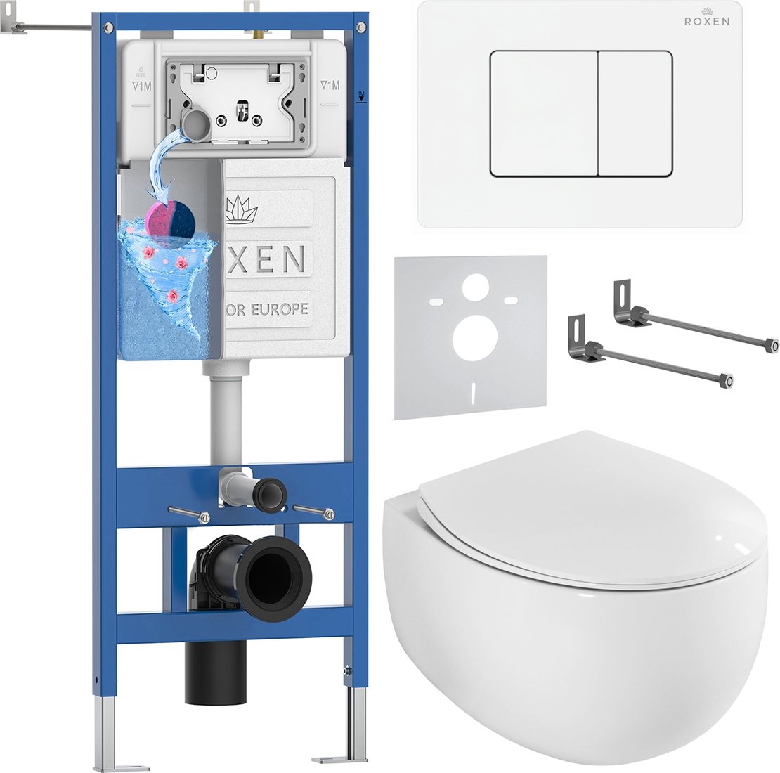 

Унитаз подвесной Roxen EGG в комплекте с инсталляцией StounFix Dual Fresh 6 в 1 868537 (кнопка: белый глянцевая)