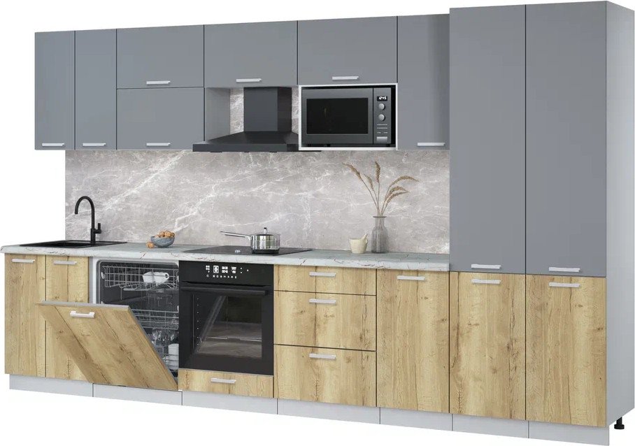 

Готовая кухня Интерлиния Мила Лайт 3.6-ПМ2 (серебро/дуб золотой/серый каспий)