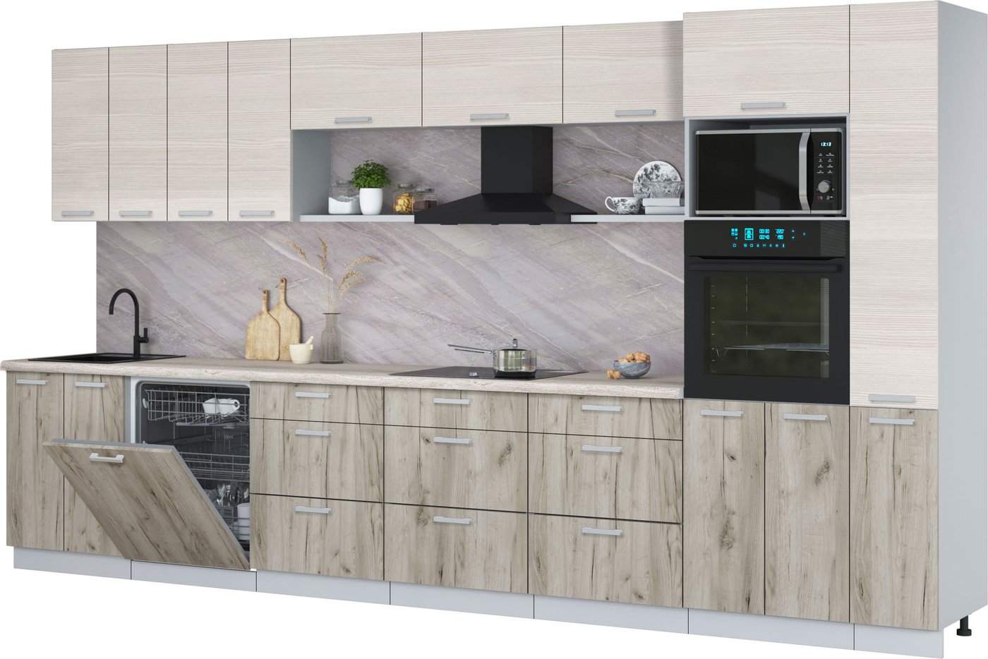 

Готовая кухня Интерлиния Мила Лайт 3.9-ПМ1 (вудлайн кремовый/дуб серый/травертин серый)