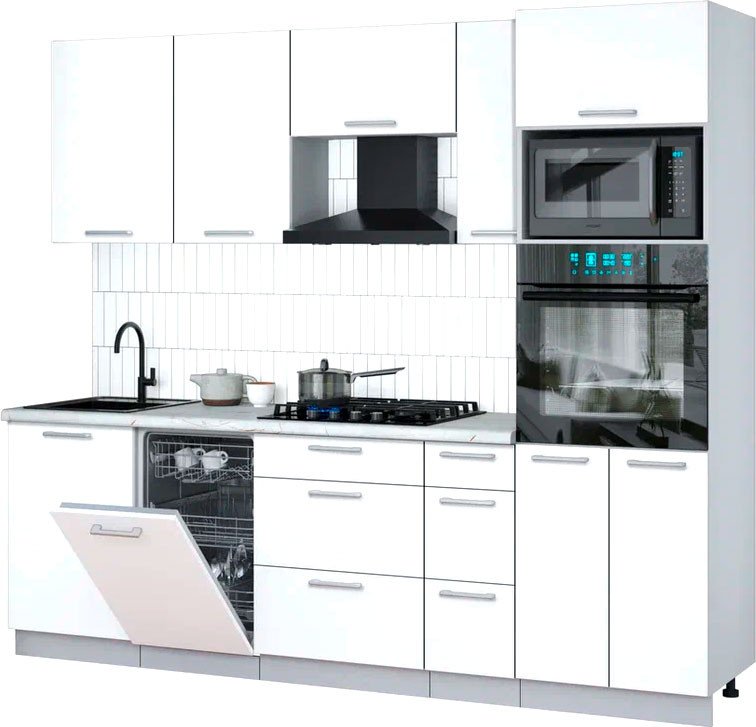 

Готовая кухня Интерлиния Мила Gloss 2.45-ПМ3 (белый/белый/серый каспий)