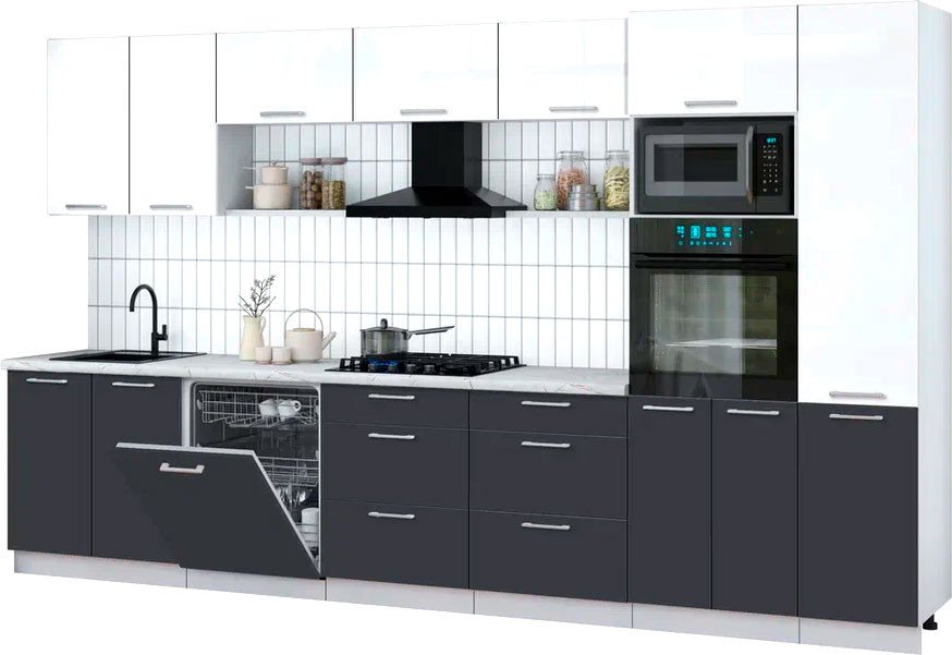 

Готовая кухня Интерлиния Мила Gloss 3.6-ПМ1 (пепел/белый глянец/серый каспий)