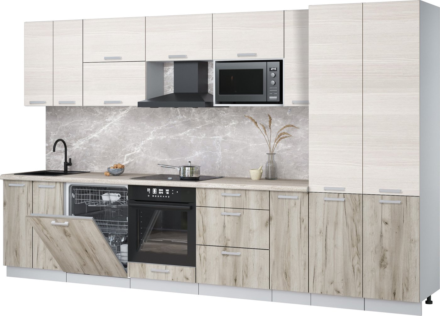 

Готовая кухня Интерлиния Мила Лайт 3.5-ПМ2 (вудлайн кремовый/дуб серый/травертин серый)