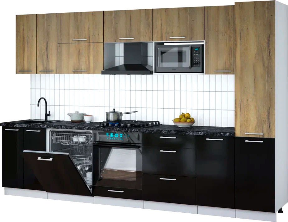 

Готовая кухня Интерлиния Мила Gloss 3.2-ПМ2 (черный глянец/дуб вотан/кастилло темный)