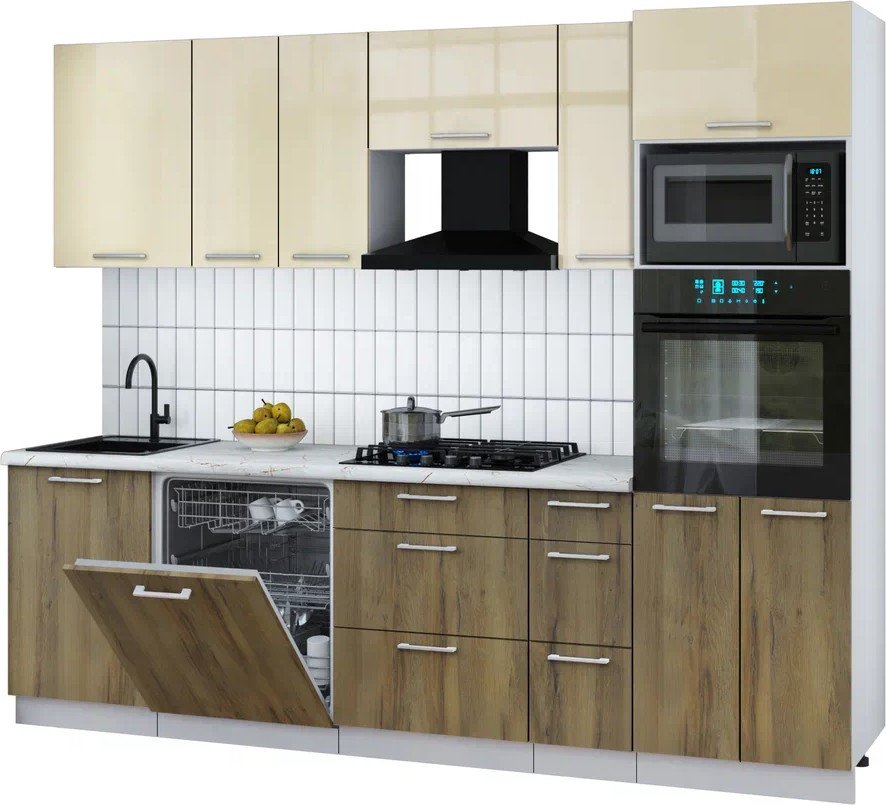 

Готовая кухня Интерлиния Мила Gloss 2.6-ПМ1 (дуб вотан/ваниль глянец/серый каспий)