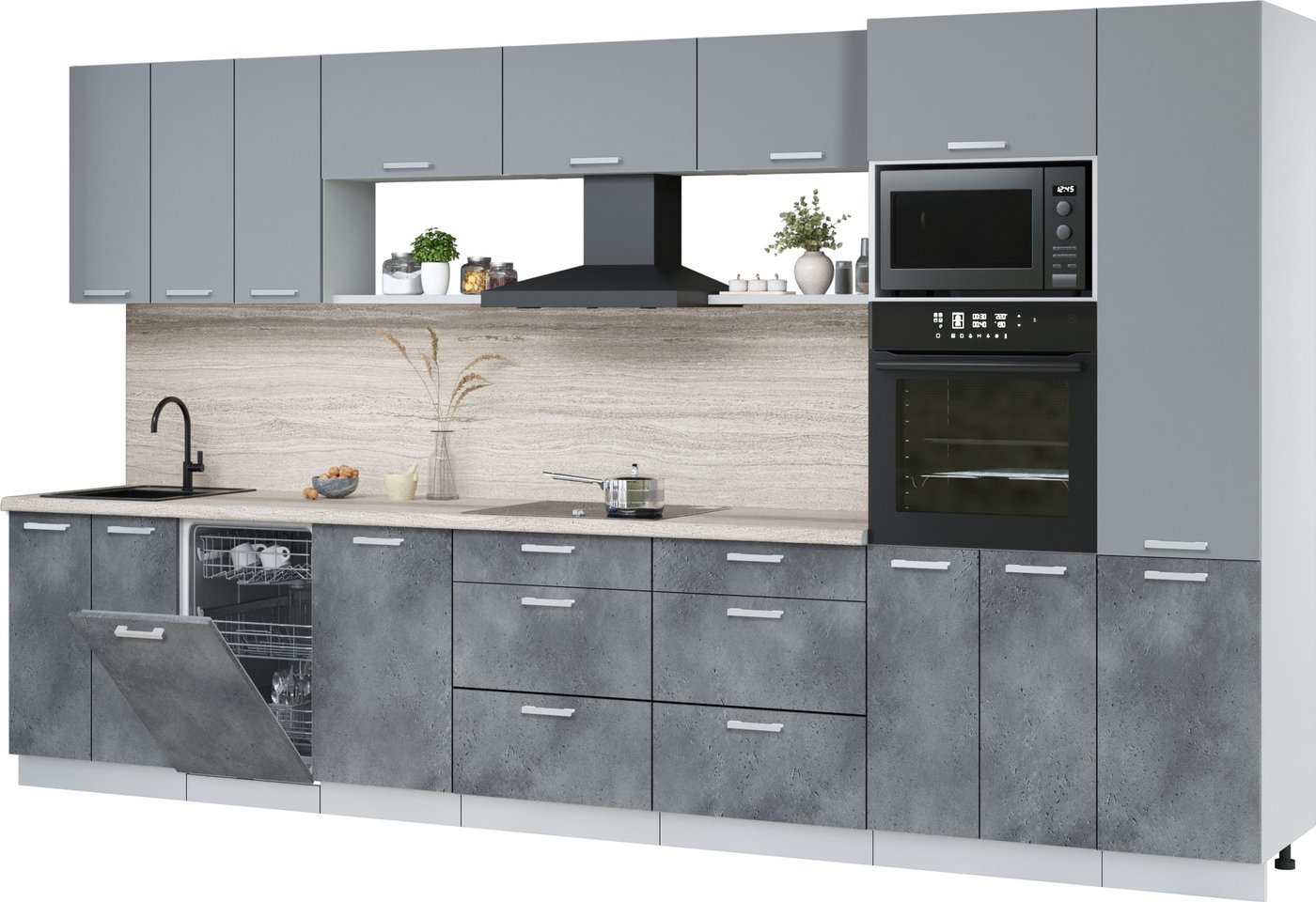 

Готовая кухня Интерлиния Мила Лайт 3.7-ПМ3 (серебро/бетон портленд/травертин серый)