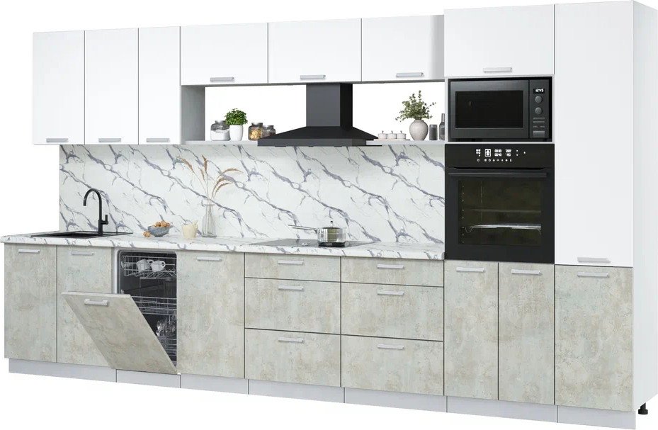 

Готовая кухня Интерлиния Мила Лайт 3.9-ПМ3 (белый платинум/бетон лайт/белый гранит)