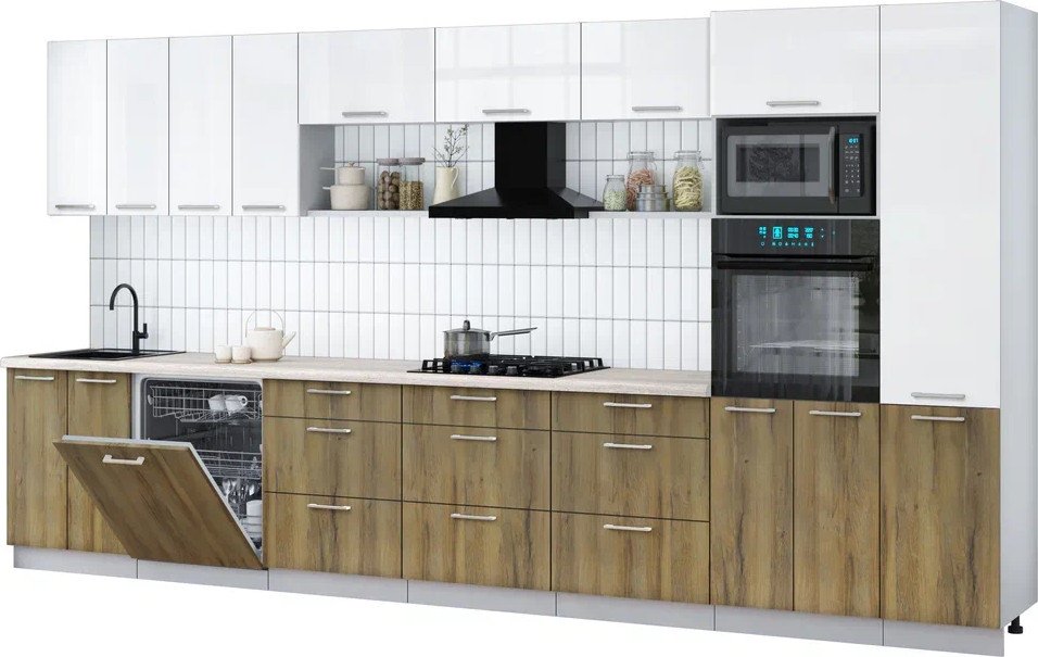 

Готовая кухня Интерлиния Мила Gloss 4.0-ПМ1 (дуб вотан/белый глянец/травертин серый)