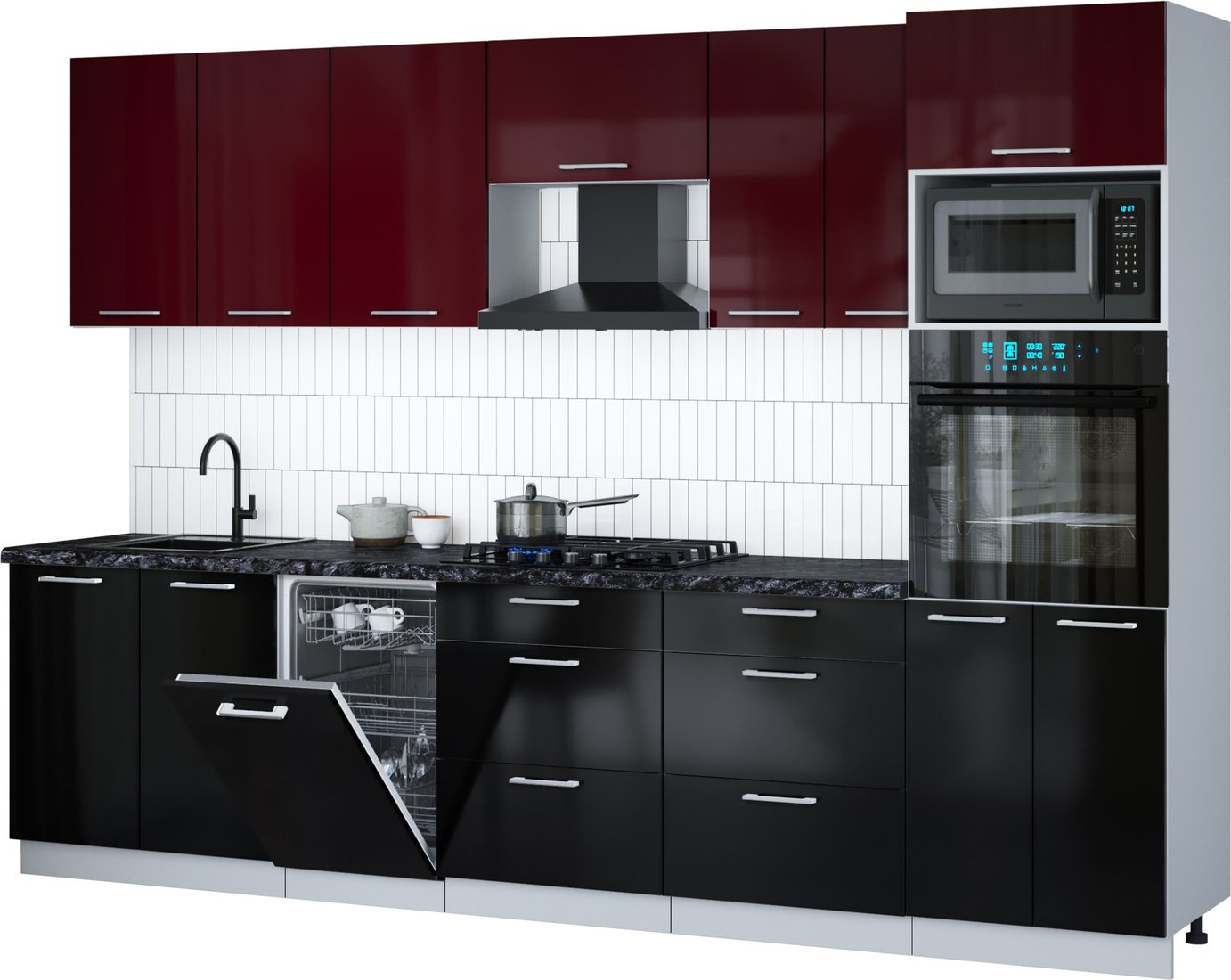 

Готовая кухня Интерлиния Мила Gloss 3.05-ПМ3 (черный глянец/бордовый глянец/кастилло темный)