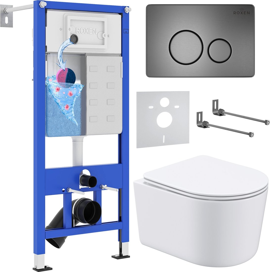

Унитаз подвесной Roxen Simple Compact в комплекте с инсталляцией StounFix Dual Fresh 6 в 1 963592 (кнопка: оружейная сталь)