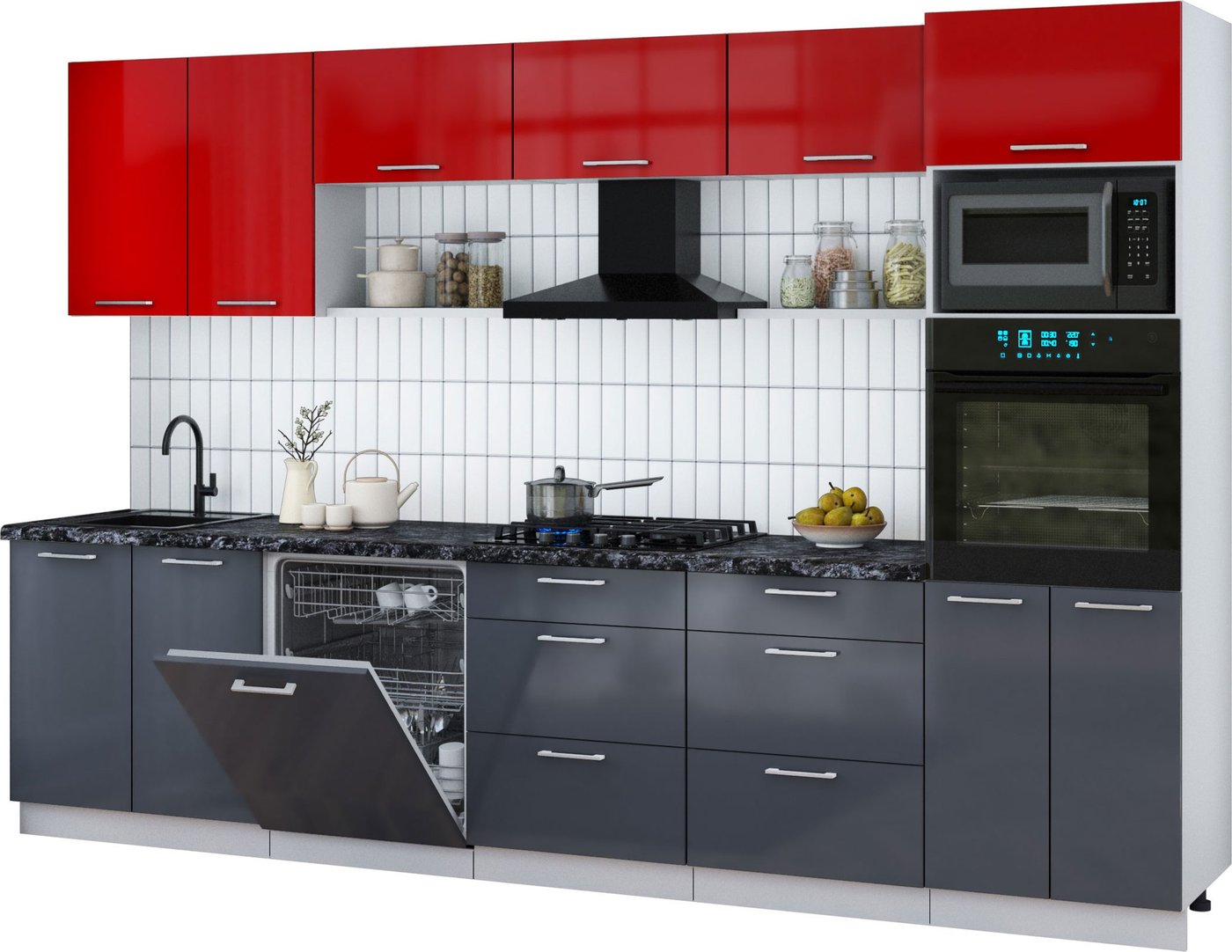 

Готовая кухня Интерлиния Мила Gloss 3.2-ПМ1 (асфальт глянец/красный глянец/кастилло темный)