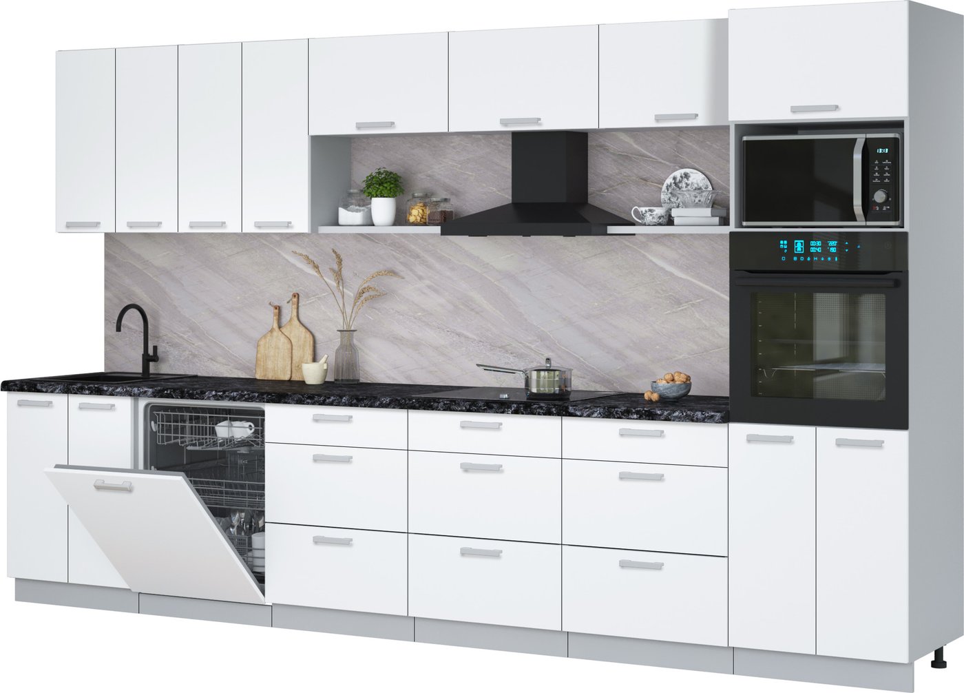 

Готовая кухня Интерлиния Мила Лайт 3.6-ПМ1-2 (белый платинум/белый платинум/кастилло темный)