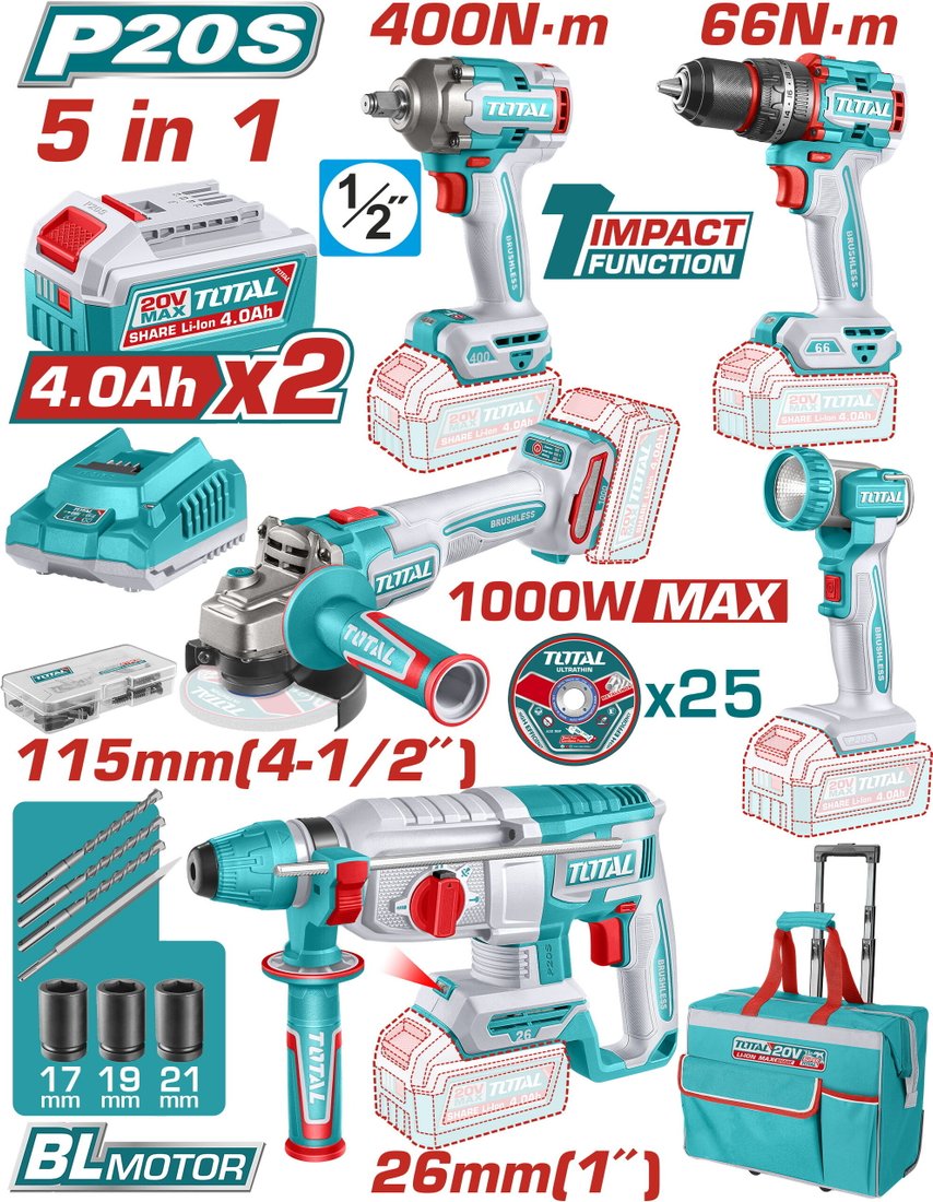 

Total TCKLI20592 (шуруповерт, гайковерт, перфоратор, болгарка, фонарь, 2 АКБ, сумка)