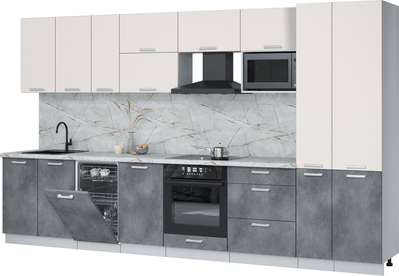 

Готовая кухня Интерлиния Мила Лайт 3.6-ПМ4 (персидский жемчуг/бетон портленд/серый каспий)