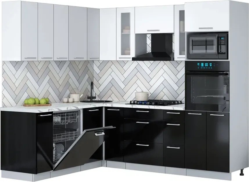 

Готовая кухня Интерлиния Мила Gloss 1.896х2.38 (черный глянец/белый/белый гранит)