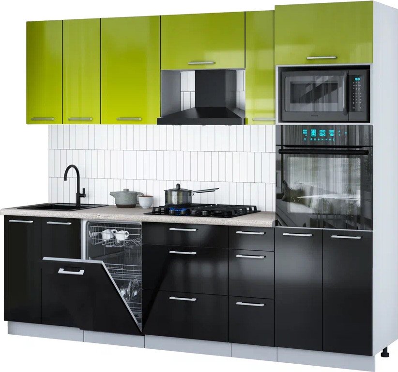 

Готовая кухня Интерлиния Мила Gloss 2.55-ПМ3 (черный глянец/яблоко глянец/травертин серый)