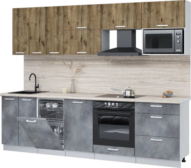 

Готовая кухня Интерлиния Мила Лайт 2.7-ПМ4 (дуб веллингтон/бетон портленд/травертин серый)