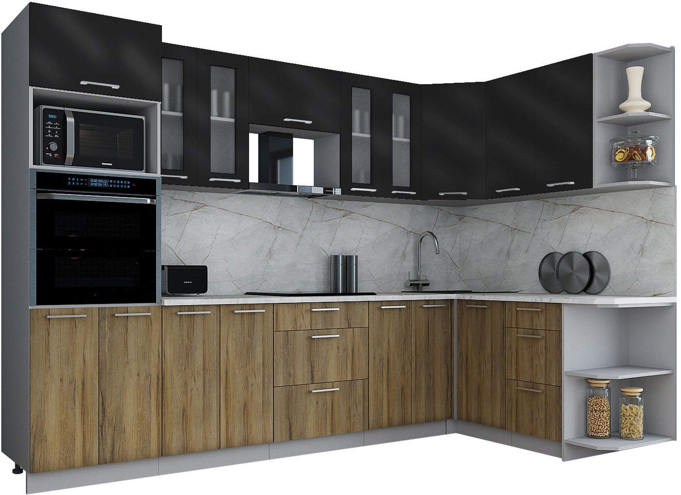 

Готовая кухня Интерлиния Мила Gloss 1.68x3.0 правая (черный глянец/дуб вотан/травертин серый)