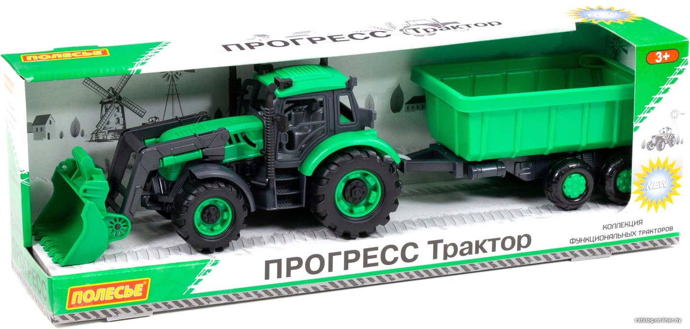 Трактор Полесье Прогресс с прицепом и ковшом 91840 (зелёный)