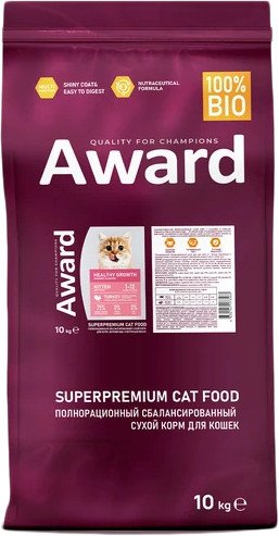 

Сухой корм для кошек Award Healthy Growth Kitten (для котят от 1 месяца с индейкой и курицей с добавлением рыбьего жира и семян льна) 10 кг
