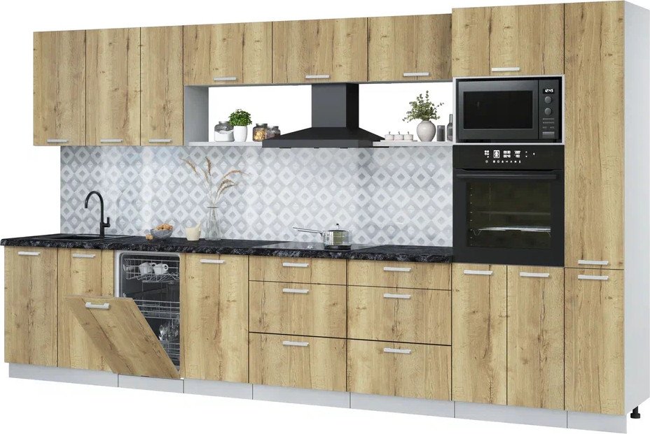 

Готовая кухня Интерлиния Мила Лайт 3.8-ПМ3 (дуб золотой/дуб золотой/кастилло темный)