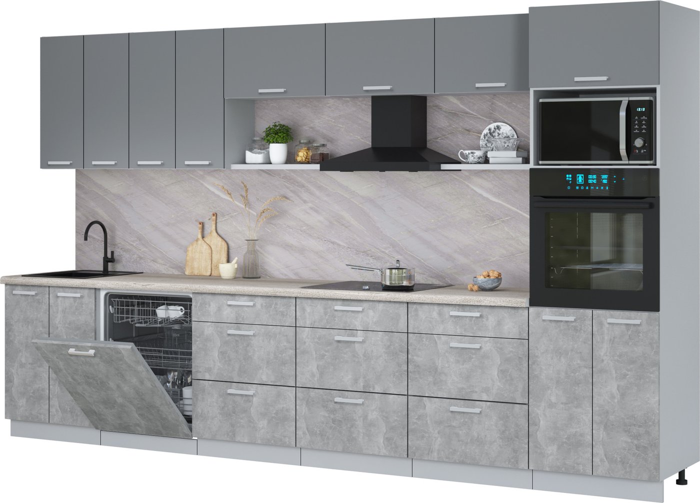 

Готовая кухня Интерлиния Мила Лайт 3.6-ПМ1-2 (серебро/бетон/травертин серый)