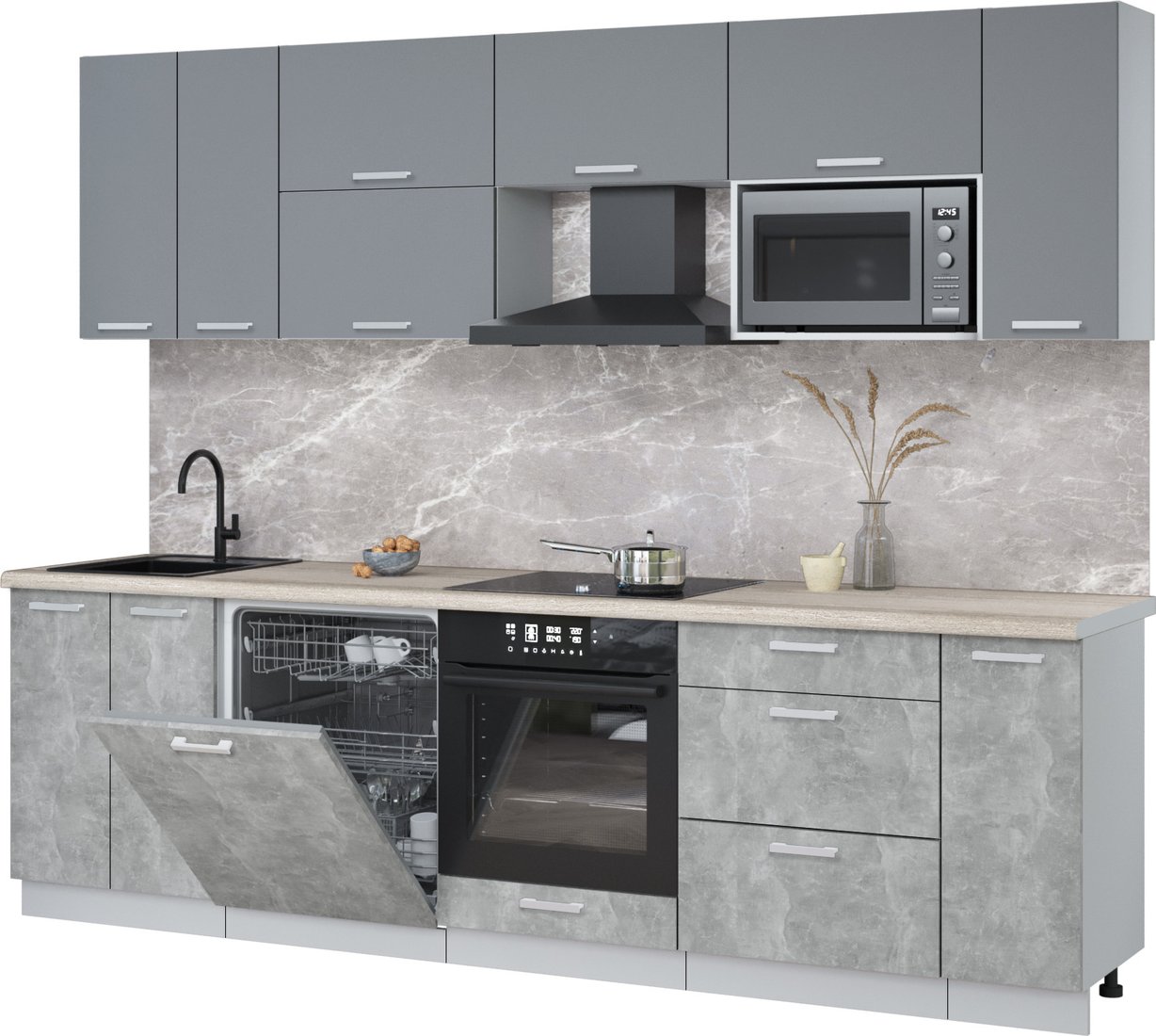 

Готовая кухня Интерлиния Мила Лайт 2.7-ПМ2 (серебро/бетон/травертин серый)