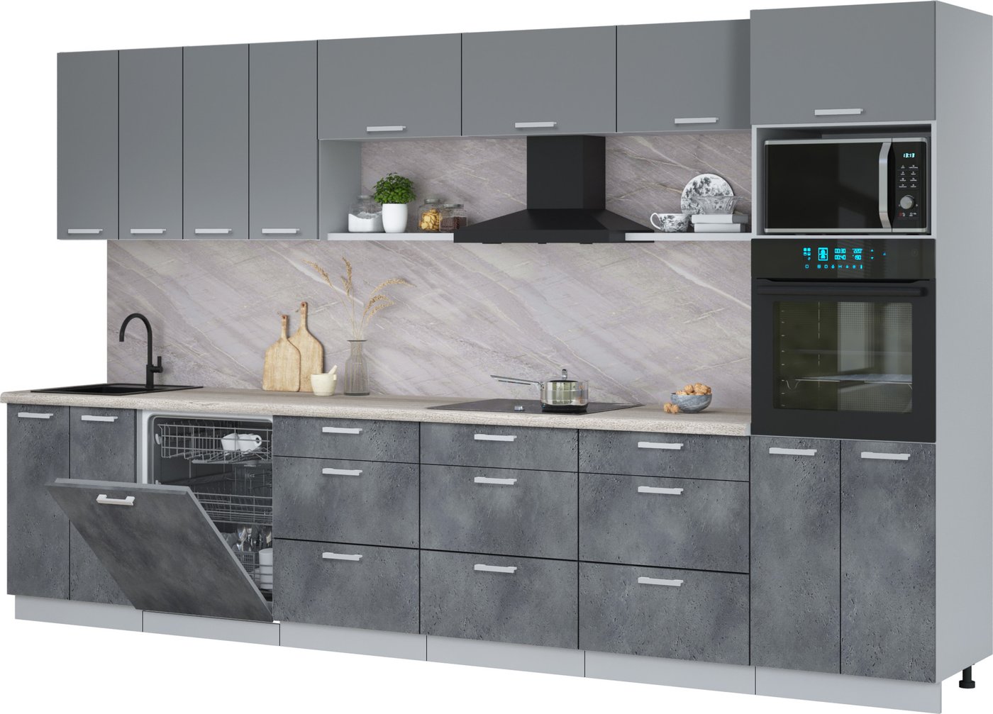 

Готовая кухня Интерлиния Мила Лайт 3.6-ПМ1-2 (серебро/бетон портленд/травертин серый)