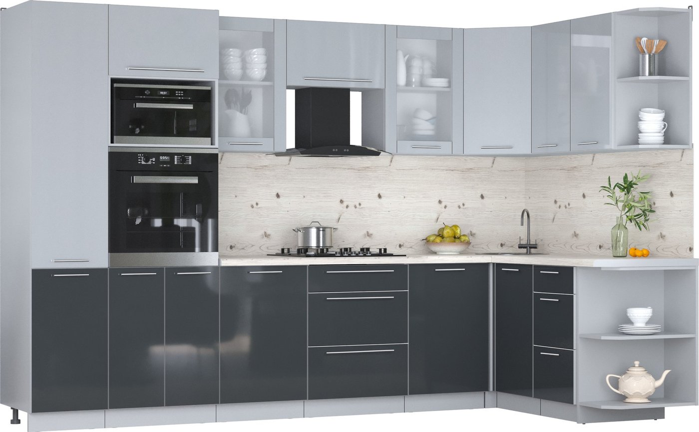 

Готовая кухня Интерлиния Мила Пластик 1.68x3.2 PR (туманный глянец/антрацит/бискайская сосна)