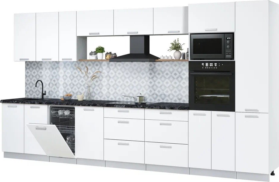 

Готовая кухня Интерлиния Мила Лайт 3.9-ПМ3 (белый платинум/белый платинум/кастилло темный)