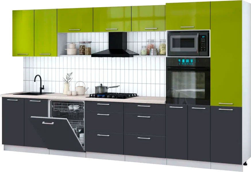 

Готовая кухня Интерлиния Мила Gloss 3.6-ПМ1 (пепел/яблоко глянец/травертин серый)