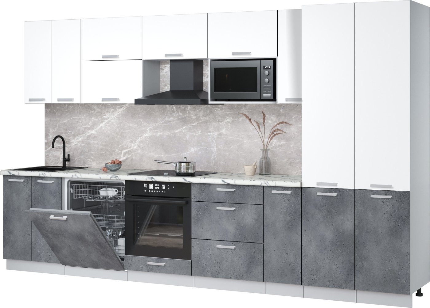 

Готовая кухня Интерлиния Мила Лайт 3.5-ПМ2 (белый платинум/бетон портленд/белый гранит)