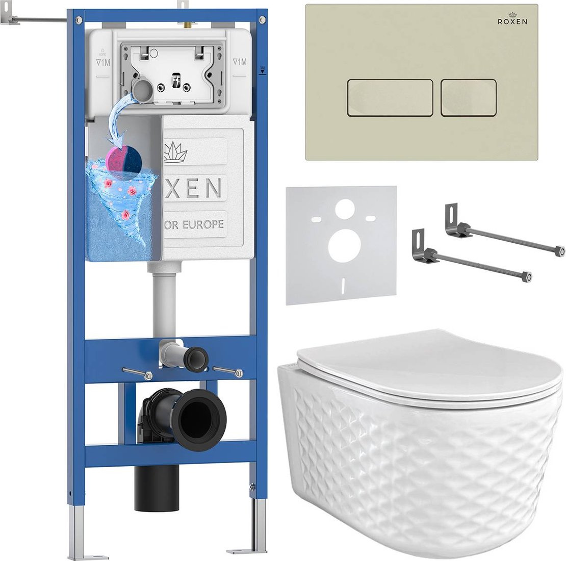 

Унитаз подвесной Roxen Vine Tornado в комплекте с инсталляцией StounFix Dual Fresh 6 в 1 979004 (кнопка: бежевый)