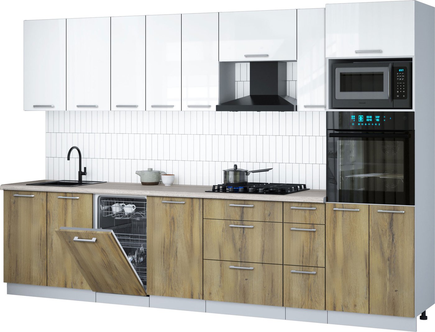 

Готовая кухня Интерлиния Мила Gloss 3.2-ПМ3 (дуб вотан/белый глянец/травертин серый)