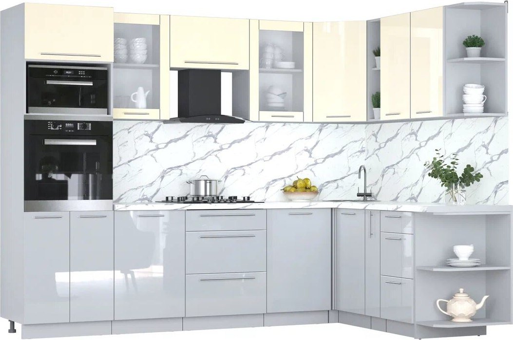 

Готовая кухня Интерлиния Мила Пластик 1.88x2.8 PR (ваниль/туманный глянец/белый гранит)