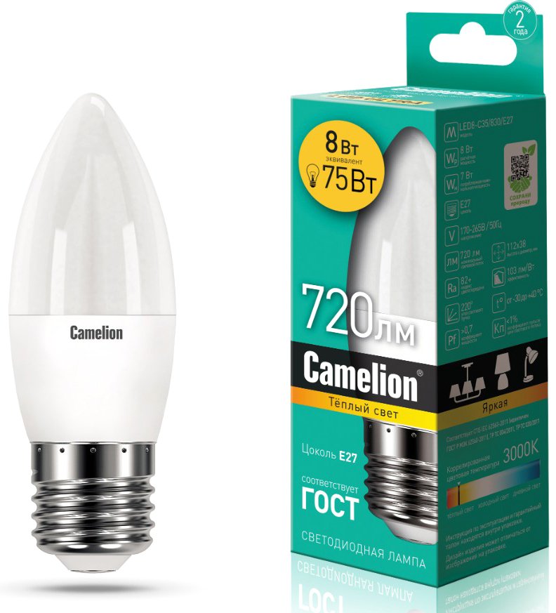 

Светодиодная лампочка Camelion LED8-C35/830/E27