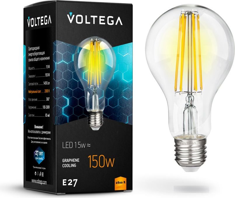 

Светодиодная лампочка Voltega Crystal Graphene A60 15W 2800K E27 7104