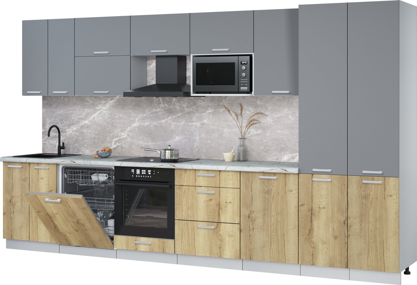 

Готовая кухня Интерлиния Мила Лайт 3.7-ПМ2 (серебро/дуб золотой/серый каспий)