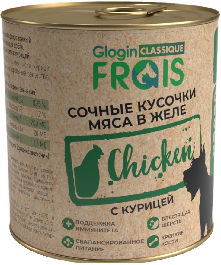 

Консервированный корм для собак Frais Classique Dog сочные кусочки мяса с курицей в желе (850г)