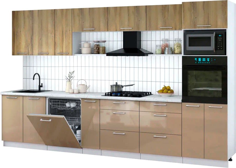 

Готовая кухня Интерлиния Мила Gloss 3.5-ПМ1-2 (капучино глянец/дуб вотан/серый каспий)