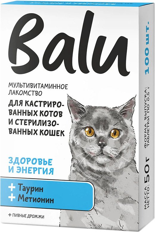 

Лакомство для кошек Balu Здоровье и энергия для кастрированных котов и стерилизованных кошек 50 г (100 таблеток)