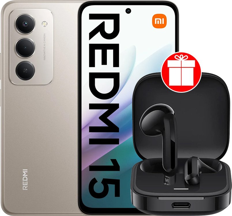 Телефон Xiaomi Redmi 15 4G 6GB/128GB международная версия (титановый) + наушники Xiaomi Redmi Buds 6 Active M2344E1 (черный) по акции