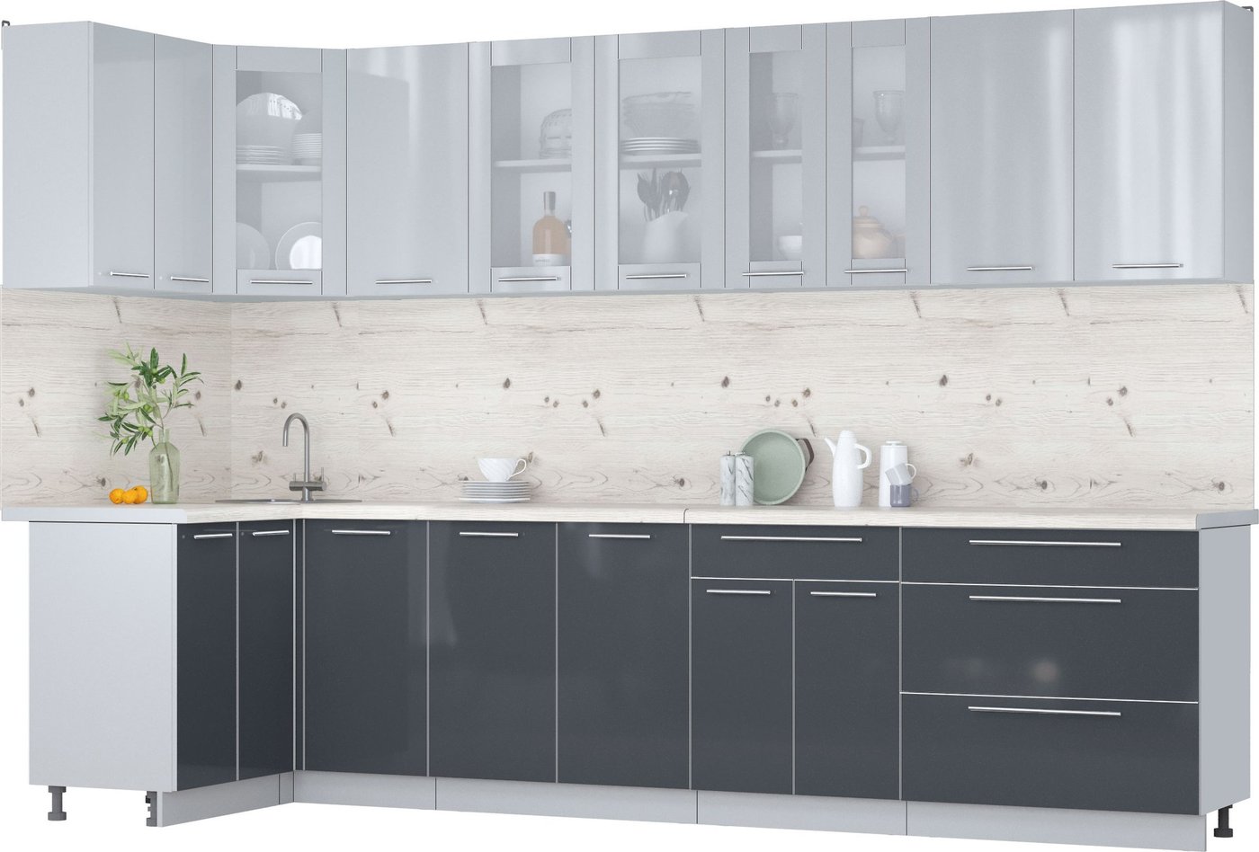 

Готовая кухня Интерлиния Мила Пластик 1.2x3.2 (туманный глянец/антрацит/бискайская сосна)