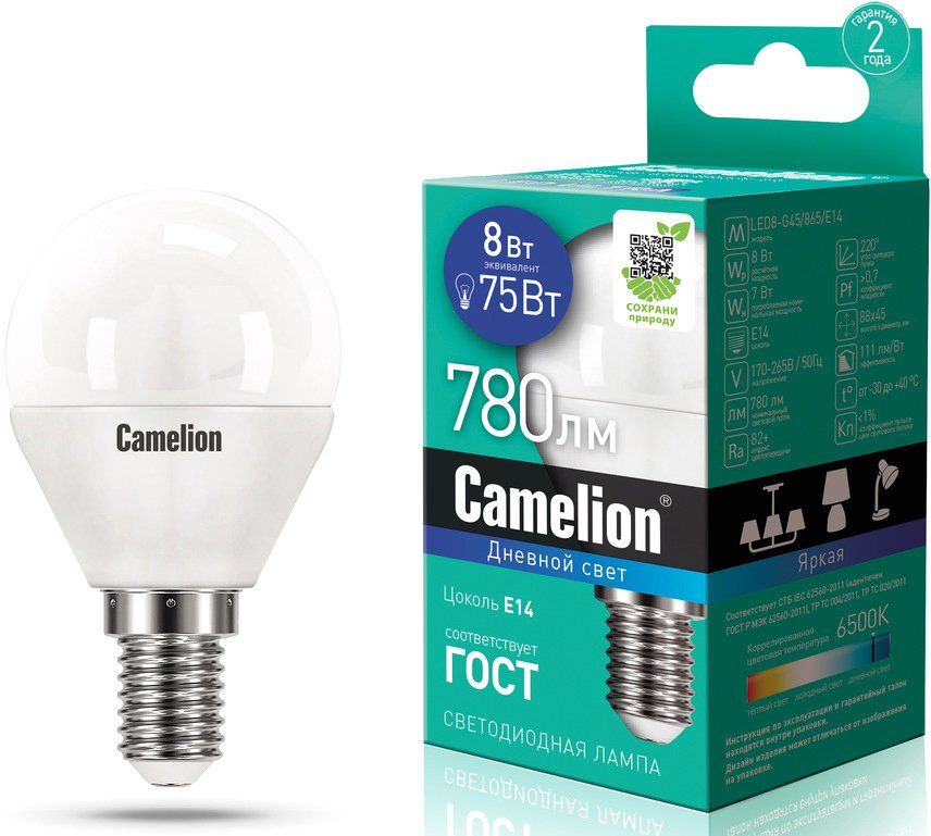 

Светодиодная лампочка Camelion LED8-G45/865/E14