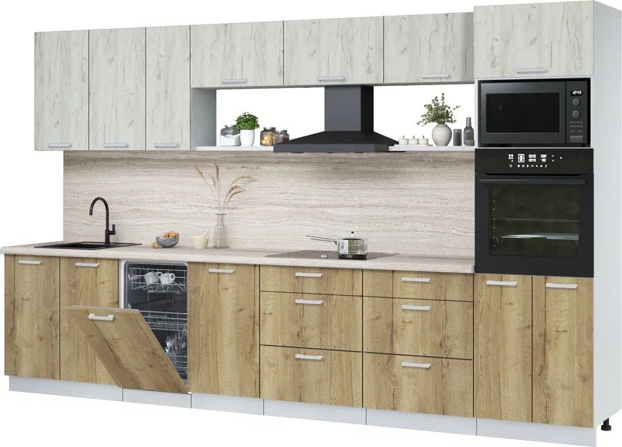 

Готовая кухня Интерлиния Мила Лайт 3.5-ПМ3 (дуб белый/дуб золотой/травертин серый)