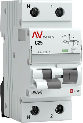 

Дифференциальный автомат EKF Averes DVA-6 2P 25А 30мА(C)6кА тип AC rcbo6-1pn-25C-30-ac-av